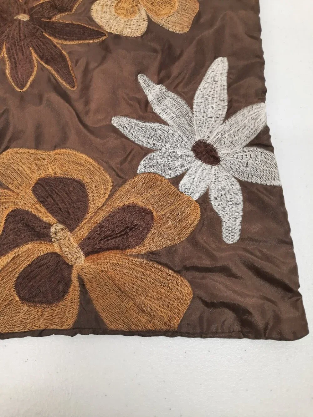 Pier 1 Imports Vintage Embroidered Floral Throw Pillow Cover Set 2 Brown Satin